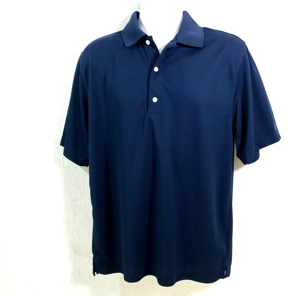 Greg Norman Men Medium Polo Shirt Navy Blue Shark Play Dry Stretch Golf M